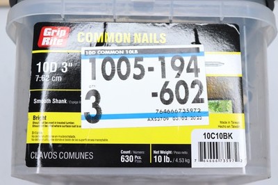 (Approx 630-Pk) Grip Rite Common Nails Smooth Shank Bright 10D x 3'' 10C10BK