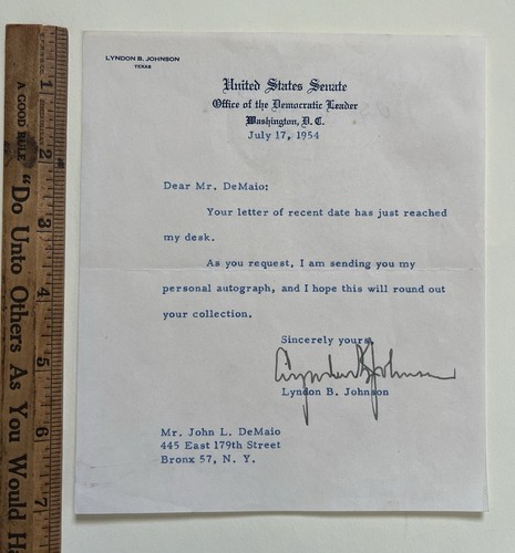 1954 LYNDON B. JOHNSON Official Senate Majority Leader Signed Letter