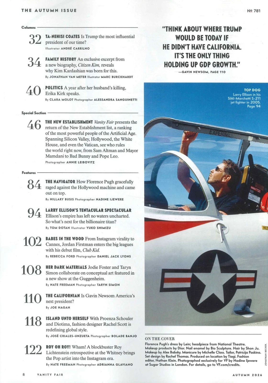 UK Vanity Fair Autumn 2026 magazine cover with Florence Pugh, Sam Altman, Larry Ellison, and Jonathan Van Meter.