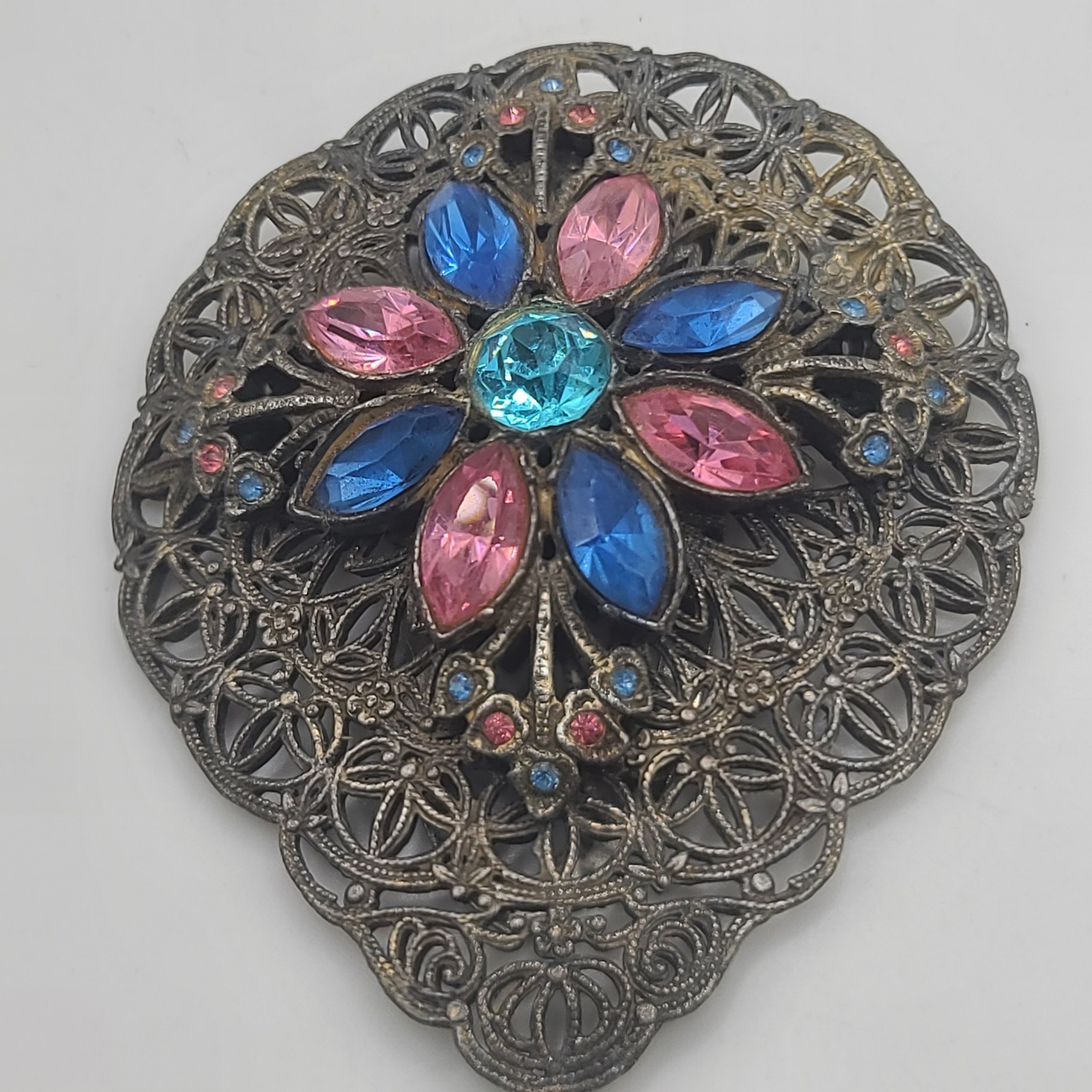 Vintage Rhinestone Dress Clip Pastel Blue Pink Silver Tone