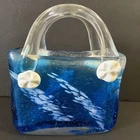 Murano Style Art Glass Vase Hand Blown Blue White Purse Handbag Nautical Vintage