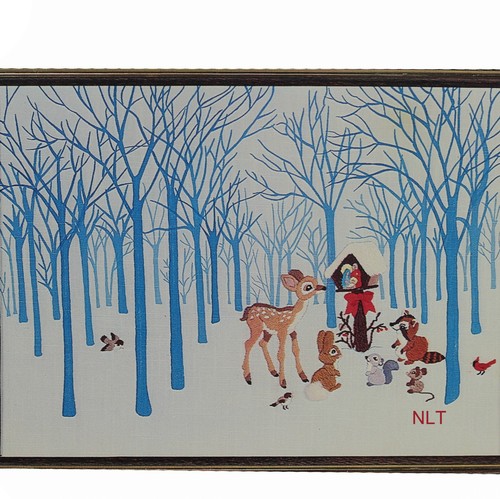 Vintage Crewel Embroidery Kit Forest Animals Snow Winter Cardinal Deer Nativity