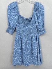 Reformation Dress Womens 0 Blue Floral Smocked Puff Sleeve Mini Spring Viscose