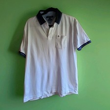 Tommy Hilfiger Mens L Large Custom Fit White Blue Trim Sanders Polo Shirt