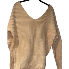 Warm  Cozy Beige V-Neck Chunky Knit Oversized Sweater Twist Knot, Crop
