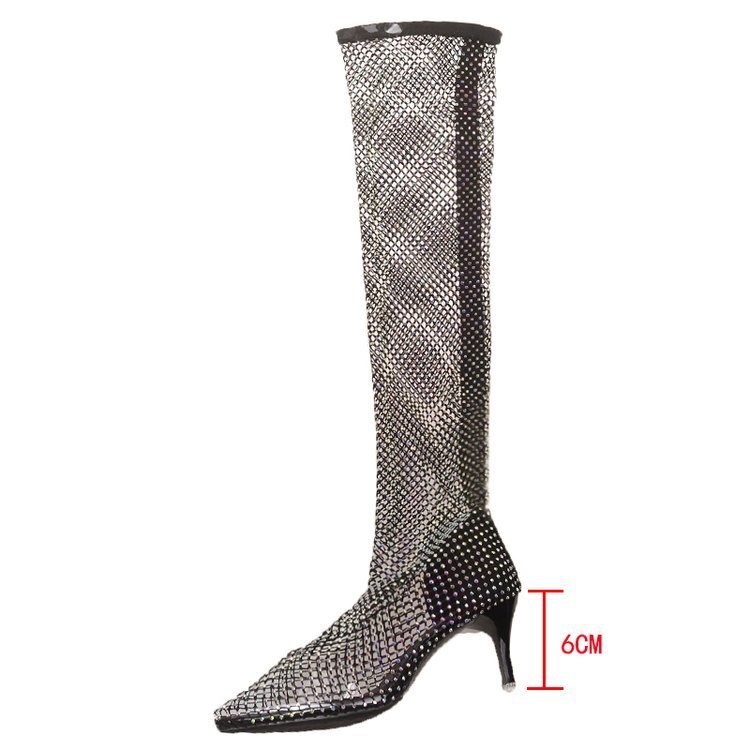 Sexy Women Boots Fishnet Thigh High Boots Slim Heels Rhinestone - Main Image