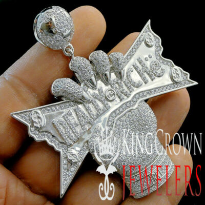 Big 3'' 10K White Gold Sterling Silver Really Rich Charm Simu Diamond Pendant
