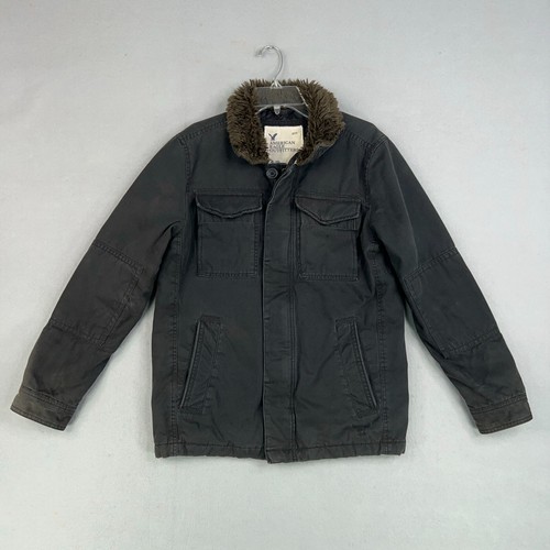 American Eagle Jacket Mens Small Faux Fur Collar Military Coat Distressed Y2K