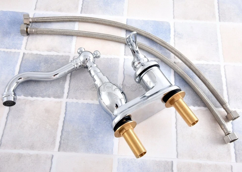 Polished Chrome Bathroom Vanity Sink Faucet 4" Centerset 2 Hole Basin Mixer Tap - Image 4 of 4