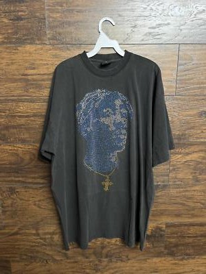 Tupac Rhinestone T-shirt Cross Blue/Silver/Gold Tee XL
