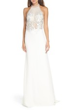 TADASHI SHOJI Bridal Ivory White Dianna Halter Floral Lace Embroidered Gown 6 US