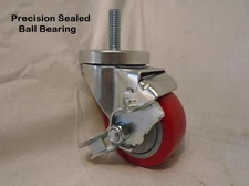 3" x 1/2" x 1-1/2" Threaded Stem Polyurethane Red Wheel w/ Brake 250 lbs