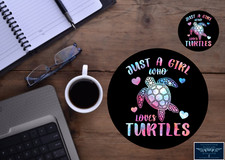 JUST A GIRL WHO LOVES TURTLES MOUSEPAD DRINK COASTER 2 pc OFFICE GIFT SET