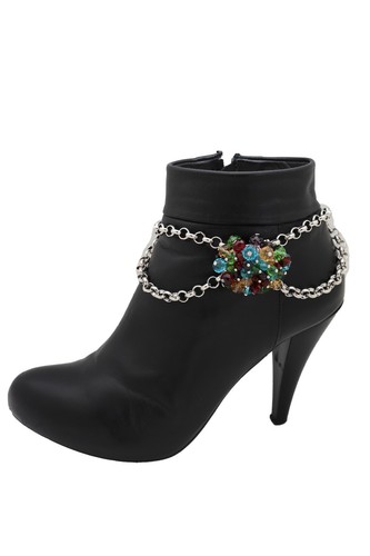Women Silver Metal Boot Chain Bracelet Shoe Multicolor Beads Charm Disco 80's - Picture 9 of 12