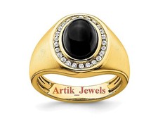 Natural Black Onyx  CZ Gemstone with Gold Plated 925 Sterling Silver Ring 751