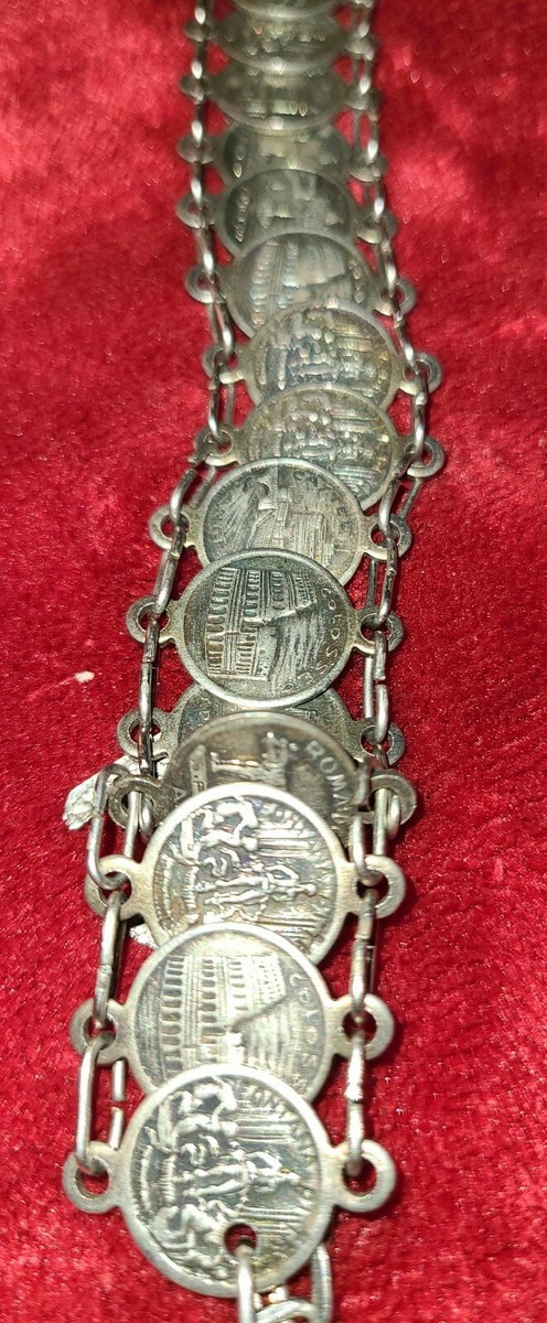 VINTAGE RARE ITALIAN SILVER TONE COIN BRACELET-50s ROME