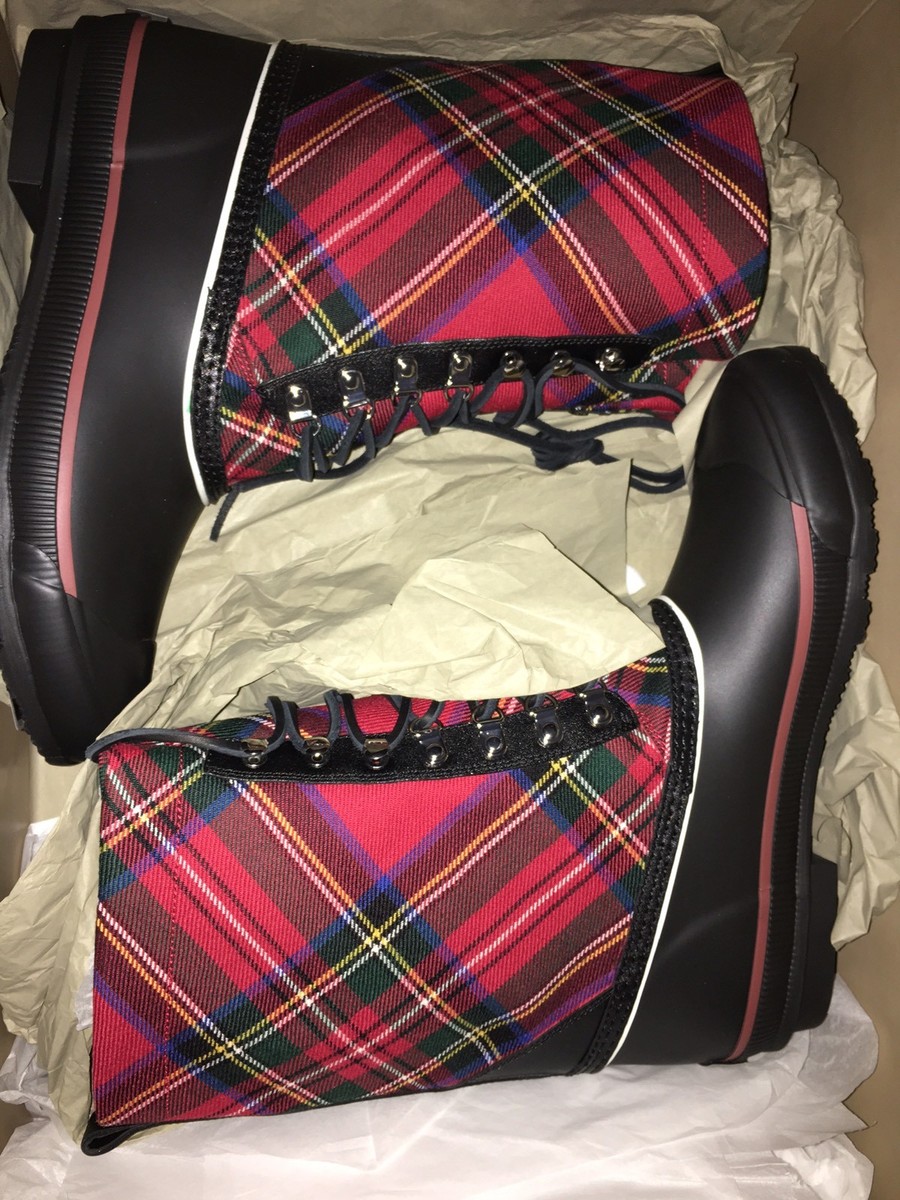 NEW BURBERRY Women Rowlette Red Check Rain Boots Black, Size US 11 EUR 41