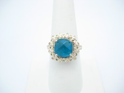 Sterling Silver 15mm Square Blue CZ Dot Ring Size 8