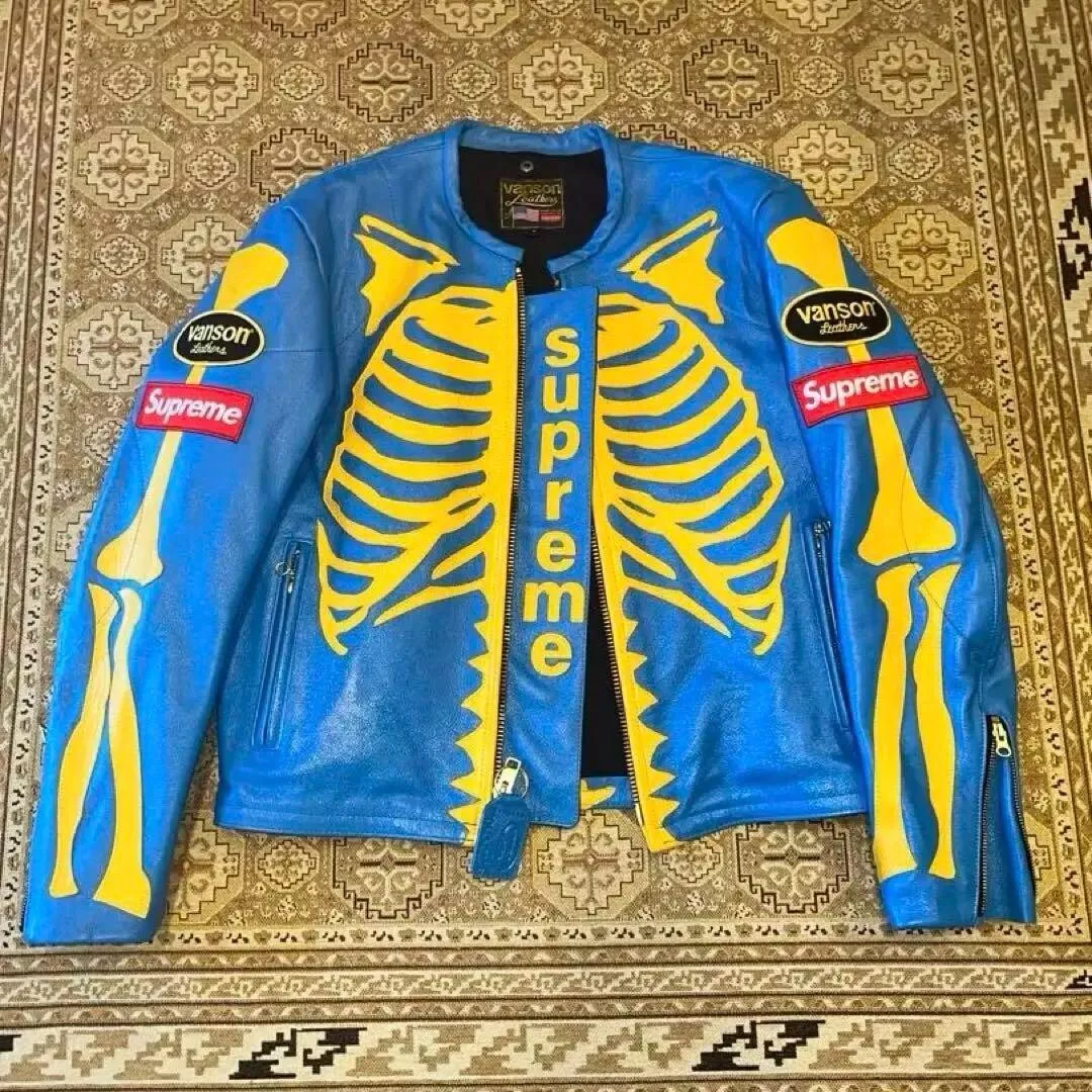 Veste Supreme Bones couleur bleu rouge cuir Vanson taille S occasion