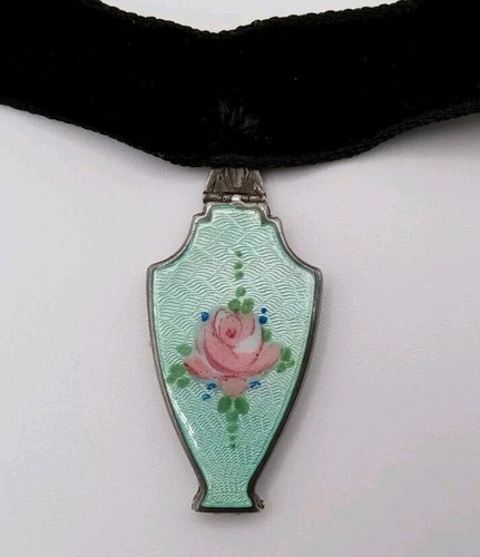 Rose Vase Locket Necklace Sterling Silver Guilloche Enamel Pendant Antique Vtg