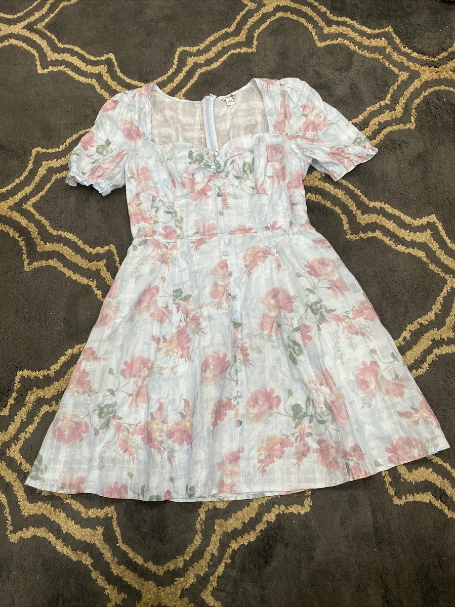 Guess Women's Linen Dress Blue Floral Medium M Fit & Flare Short Sleeve  Heidi