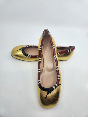 Gucci Yoko King Snake Leather Ballet Flats Shoes Square Toe in  GOLD  EU 38.5  