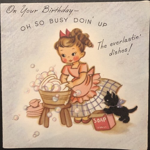 Vtg Birthday Greeting Card Cute Girl Washes Everlasting Dishes Black Flocked Cat