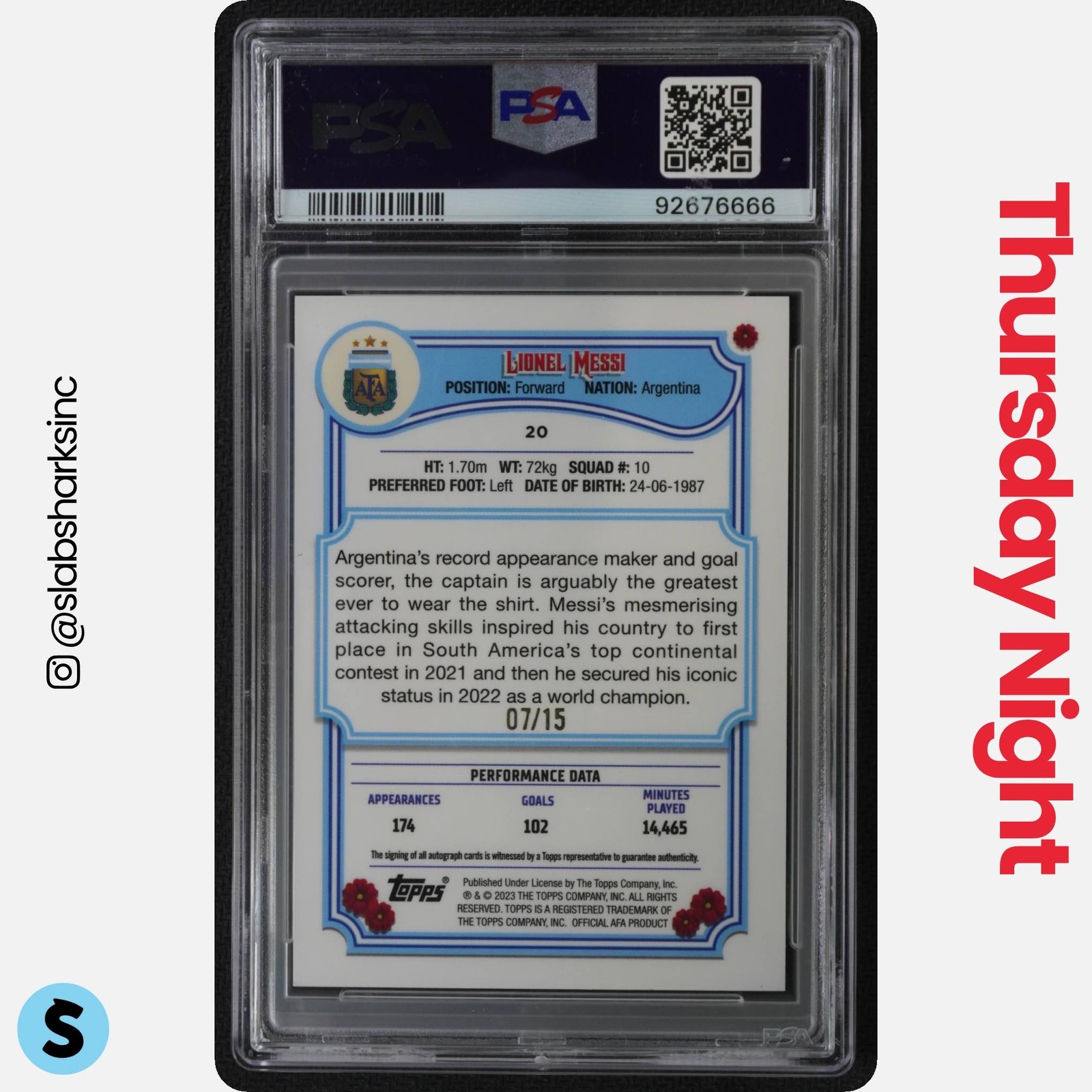 2023 TOPPS ARGENTINA FILETEADO #20 LIONEL MESSI AUTO PURPLE TANGO /15 PSA 10 view 2