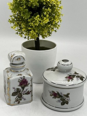 Vintage Floral Roses 2 Piece Dresser / Vanity Set Perfume Trinket Box