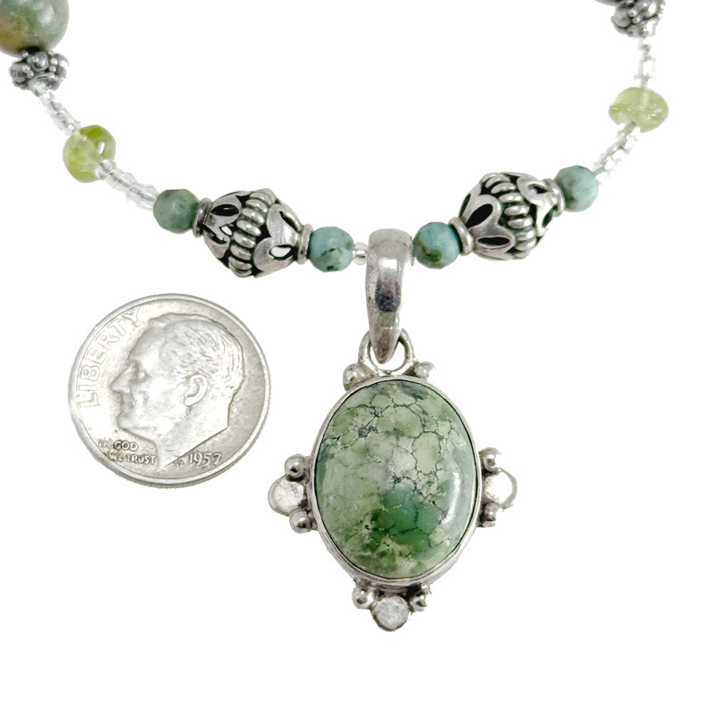 925 Beaded Jade Necklace w Oval Cabochon Pendant, Toggle Clasp, 29 g 17.5 in
