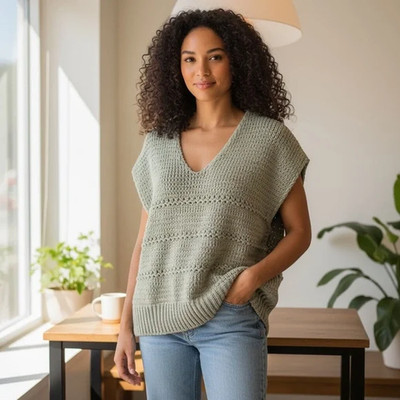 360 Sweater Italian Yarn Linen Blend V Neck Chuncky Knit Top, M Crochet Relaxed
