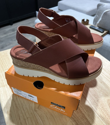 Clarks Women's Burnt Orange Leather Strappy Wedge Sandals Hook & Loop 7.5W