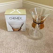 Vintage Chemex 6 Cup Pyrex Glass Coffee Maker USA Patent Wood Collar + Filters