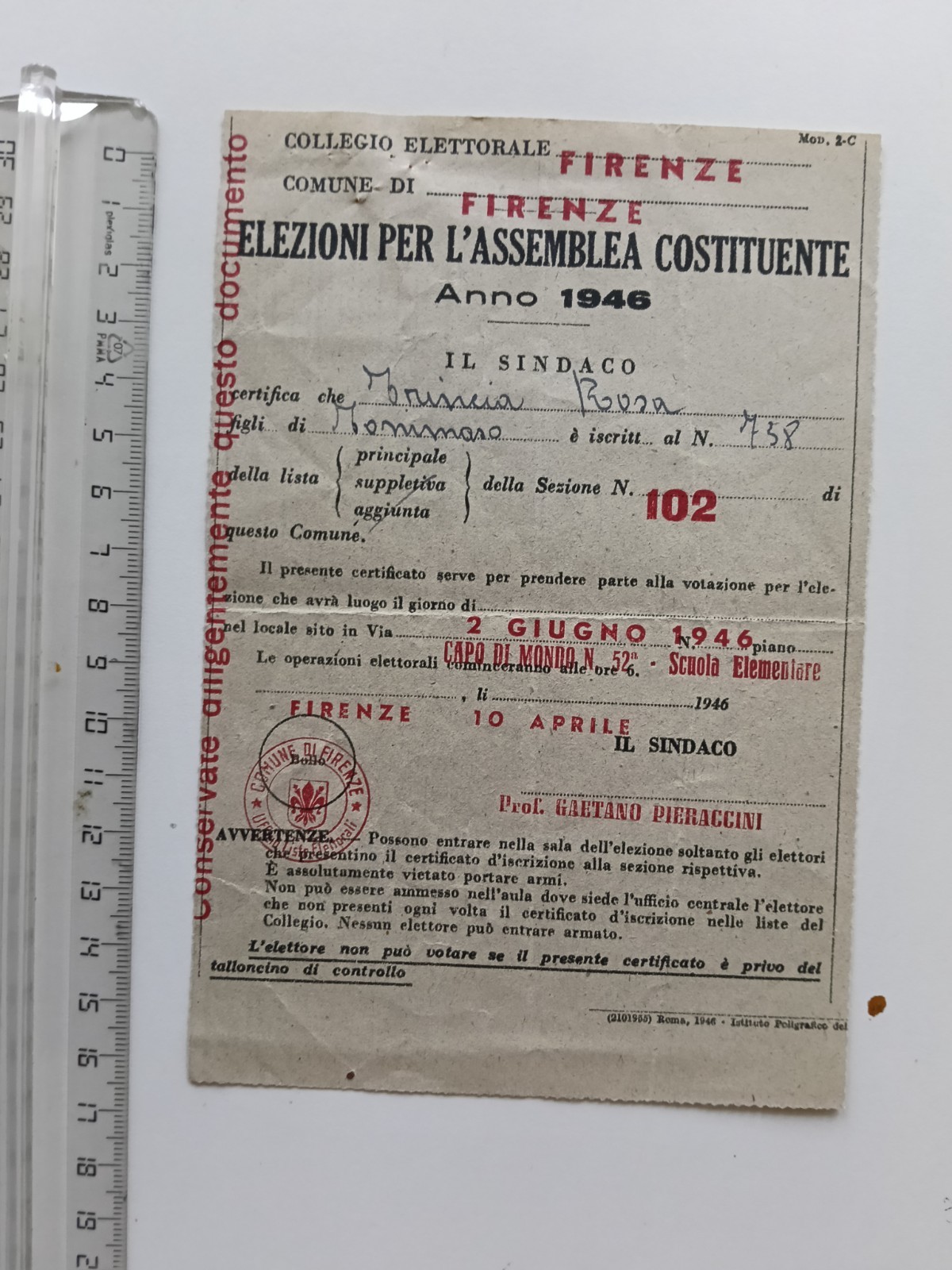 CERTIFICATO ELETTORALE ASSEMBLEA COSTITUENTE 2 GIUGNO 1946 FIRENZE