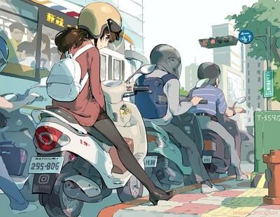 Anime Art 2D Portrait Scooters Skyfire Traffic 11x17 Poster