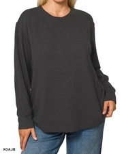 Zenana Plus Raised Rib Round Neck Long Sleeve Top Black