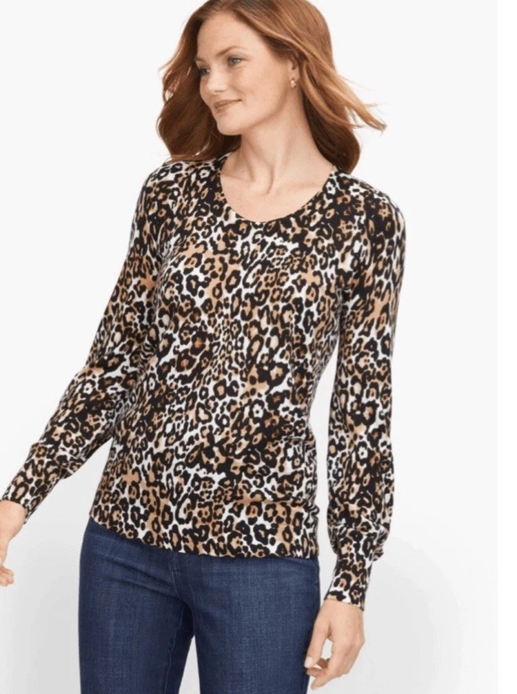 Talbots Sweater Pure Merino Wool Sz Medium Leopard Print Lightweight Long Sleeve