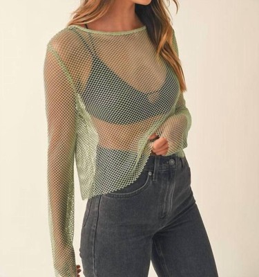 Mable Gemma Rhinestone Mesh Top Sage