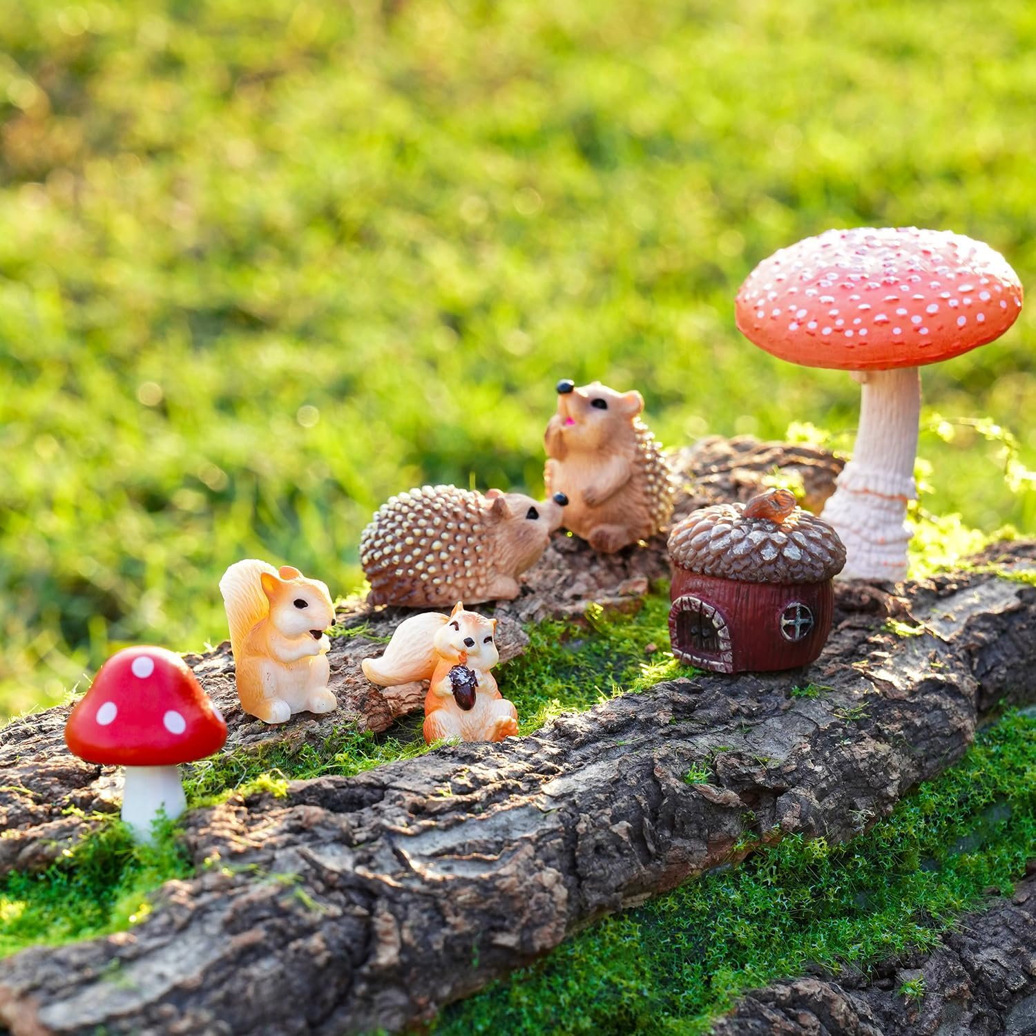 7-Piece Fairy Garden Set with Squirrel, Hedgehog & Acorn Resin Figures