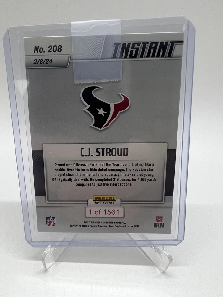 2023 Panini Instant #208 NFL Texans CJ STROUD Rookie OF THE YEAR 1/1561 - Image 3 of 3