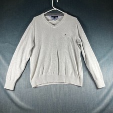 Tommy Hilfiger Mens Sweater Size L Gray Cotton Knit Long Sleeve V-Neck Pullover