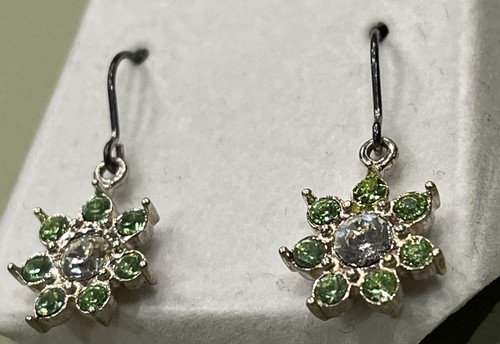 Vintage Sterling Silver 925 Filigree Peridot Flower Rhinestone Dangle Earrings - Picture 3 of 5