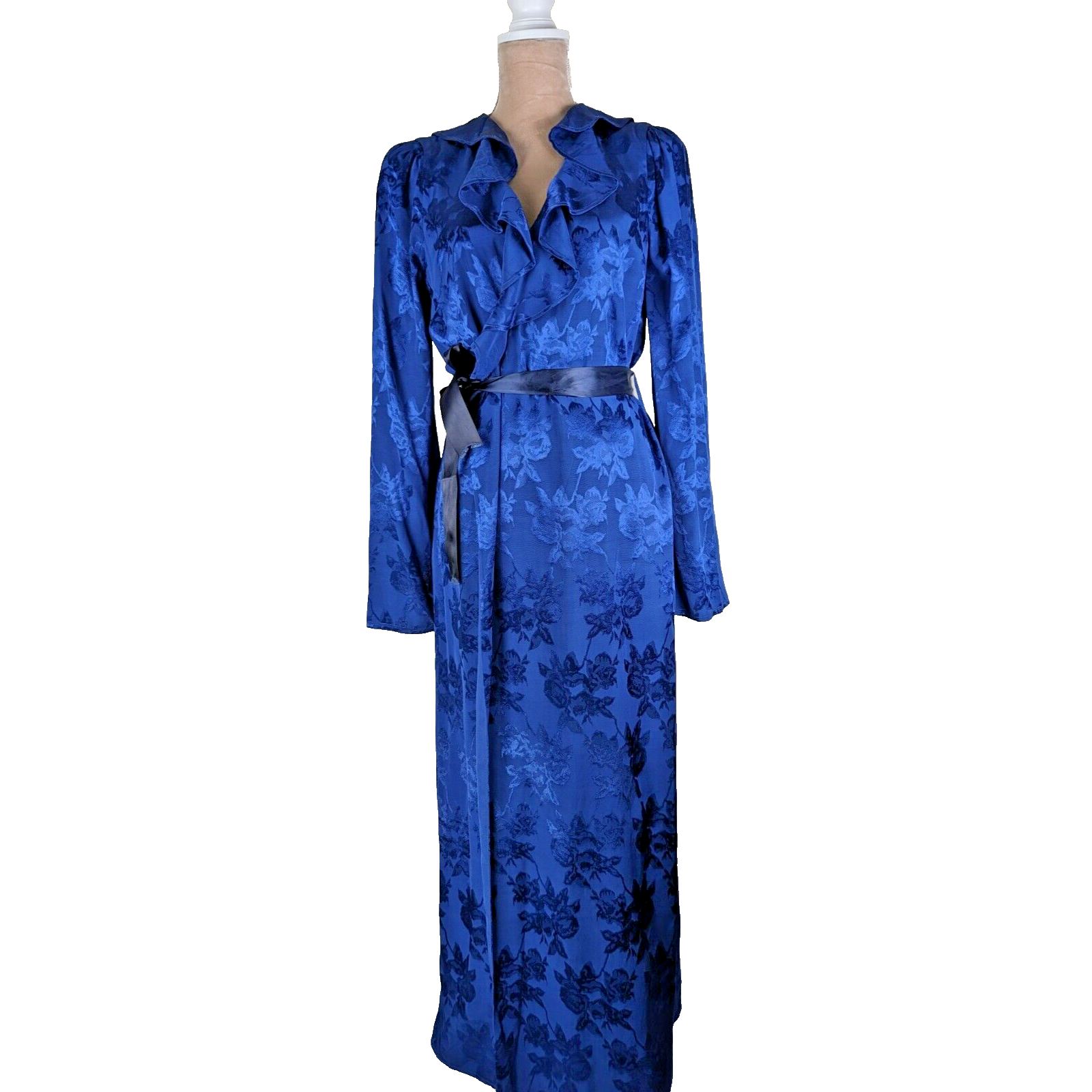 Lovers & Friends Bali Floral Satin Kimono Dress with Ruffle Trim in Navy Blue - Size S