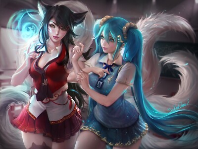 Anime girls league of legends ahri sona animal ears Play Gaming Mat Desk