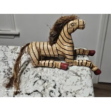 Hand Carved Wood Zebra Figurine Folk Art Animal Decor Statue Toy