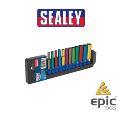 Sealey Premier 12 Pce Multi COLOUR Deep 6pt Hex 1/4'' Dr Socket Set + Rail,AK282D
