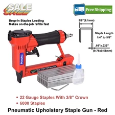 Pneumatic Upholstery Staple Gun, 22 Gauge, 3/8" Crown, 1/4"-5/8", 6000 Staples