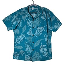 Hawaiian Shirt Floral Mens Size L Button Up Cotton Palm Wave Short Sleeve