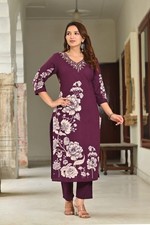 Bollywood Style Pakistani 3Piece Embroidered Suit Purple  Blue Floral Kurti set
