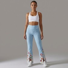 Johnny Was Active Light Blue Floral Flare Leggings Split Hem High Waist Small